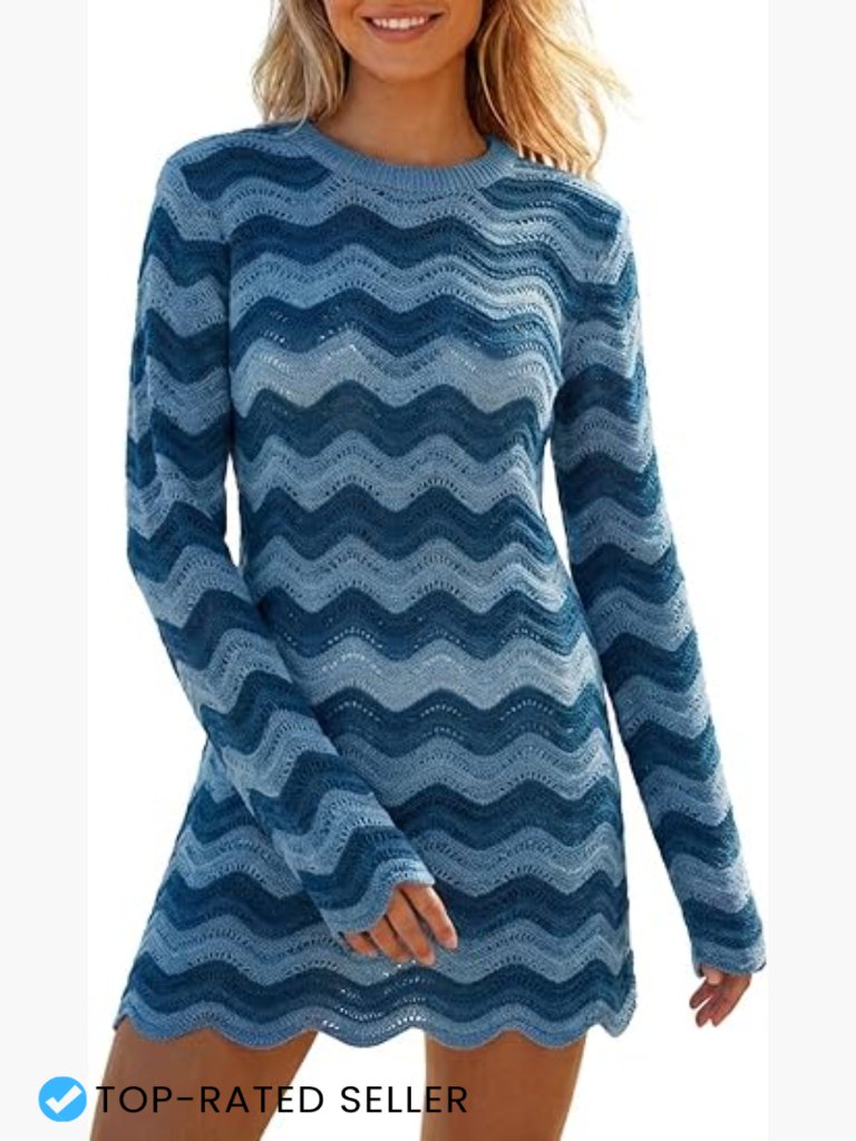 Crochet Knit Cover Up Dress Long Sleeve Mini Striped Beachwear